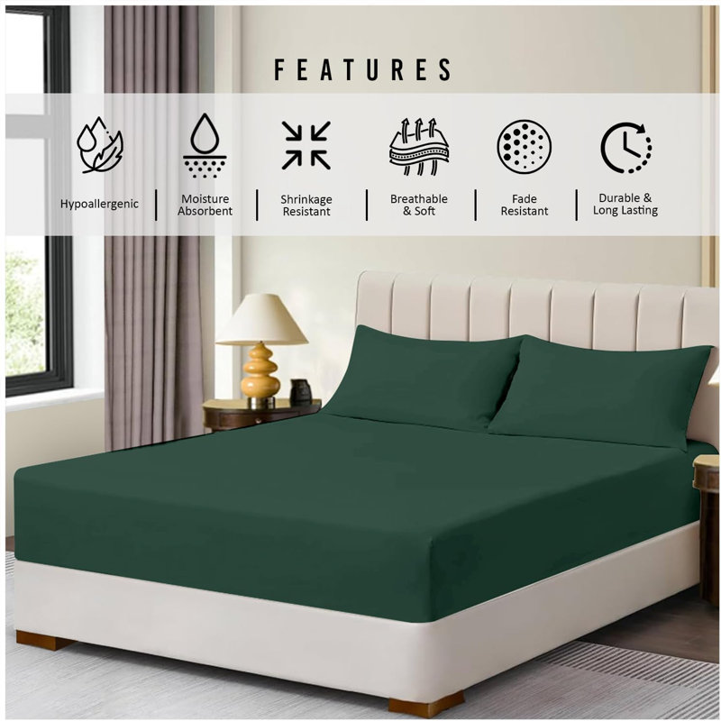 Super Dreamer Pack of 6 Fitted Bed Sheets Solid Colour Polyester Soft Touch Bedding Machine Washable UK Sizes, Dark Green