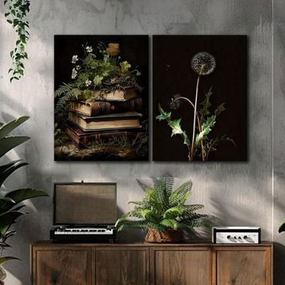 2 Pcs Vintage Botanical Canvas Wall Art, Gothic Dark Collegiate Style, Book Image Printing Atmosphere, Rustic Floral Painting Poster Artwork, Suitable For Study Gallery Wall Decor