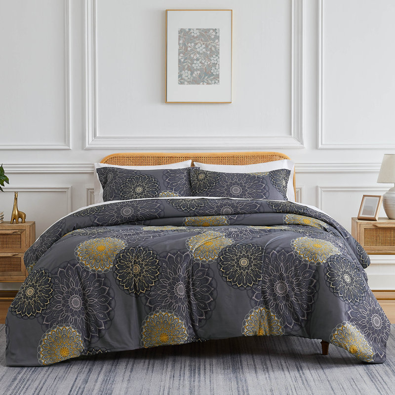 Midnight Floral Duvet Cover Set, Twin Duvet Cover + 1 Shams, Black
