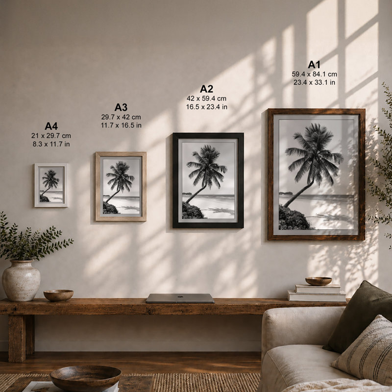 Leaning Palm Coastal - Framed Print, A2 - 59.4 x 42.0 cm, White