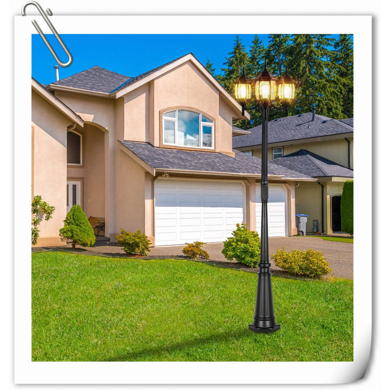Outdoor Lamp Post Light With GFCI Outlet, 3-Head Classic Black Light Pole With Glass Panels (3 LED Bulbs Included), Aluminum Waterproof Outside Street Light For Backyard Garden Driveway