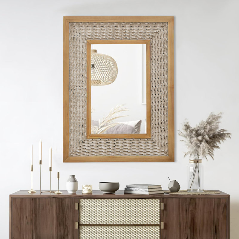 Rectangular Mirror with Decorative Wooden Frame, Light Yellow Wood