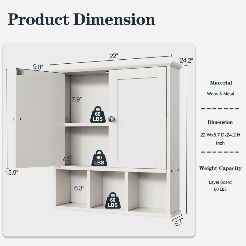 Bathroom Medicine Cabinet – Wall-Mounted with 2 Doors & Open Shelf for Organized Storage, White