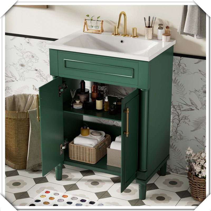 Meuble-lavabo simple avec portes d'armoire de salle de bain en céramique intégrée, Vert