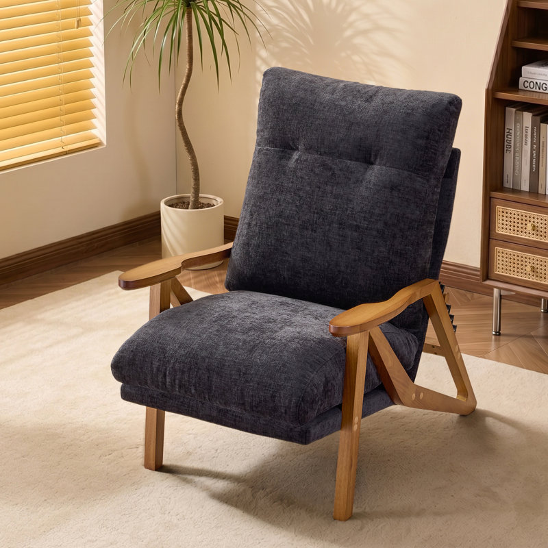 Chenille Upholstered Accent Chair With 5-Position Adjustable Backrest, Rubber Wood Arms, Indoor Leisure Chair, Black Chenille