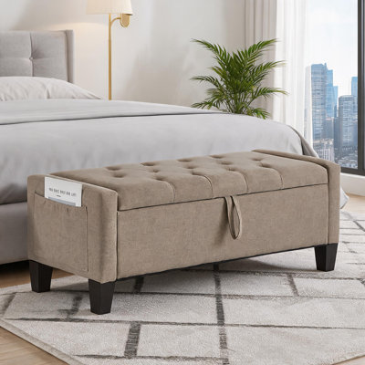 Banc de rangement capitonné en lin beige avec capacité de poids de 350 lb pour deux personnes dans le vestibule du salon