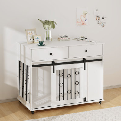 Accent Cabinet With Double Drawers And Sliding Barn Door, Storage Cabinet With Lockable Wheels