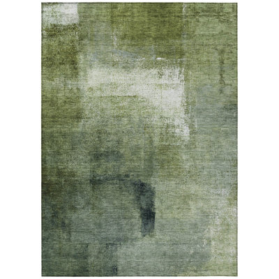 9' X 12' Artichoke Green And Sage Abstract Washable Indoor Outdoor Area Rug