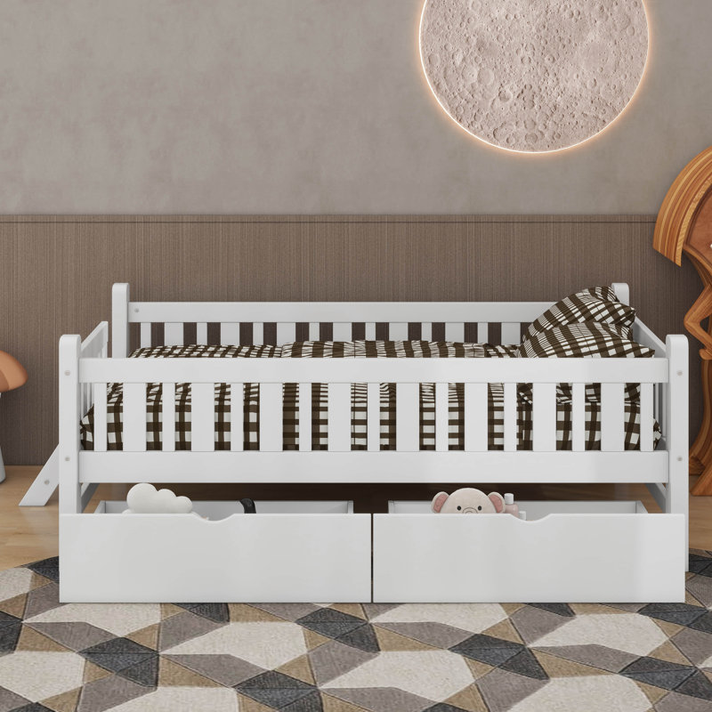 Lit plateforme simple en bois avec tiroirs et garde-corps, Blanc