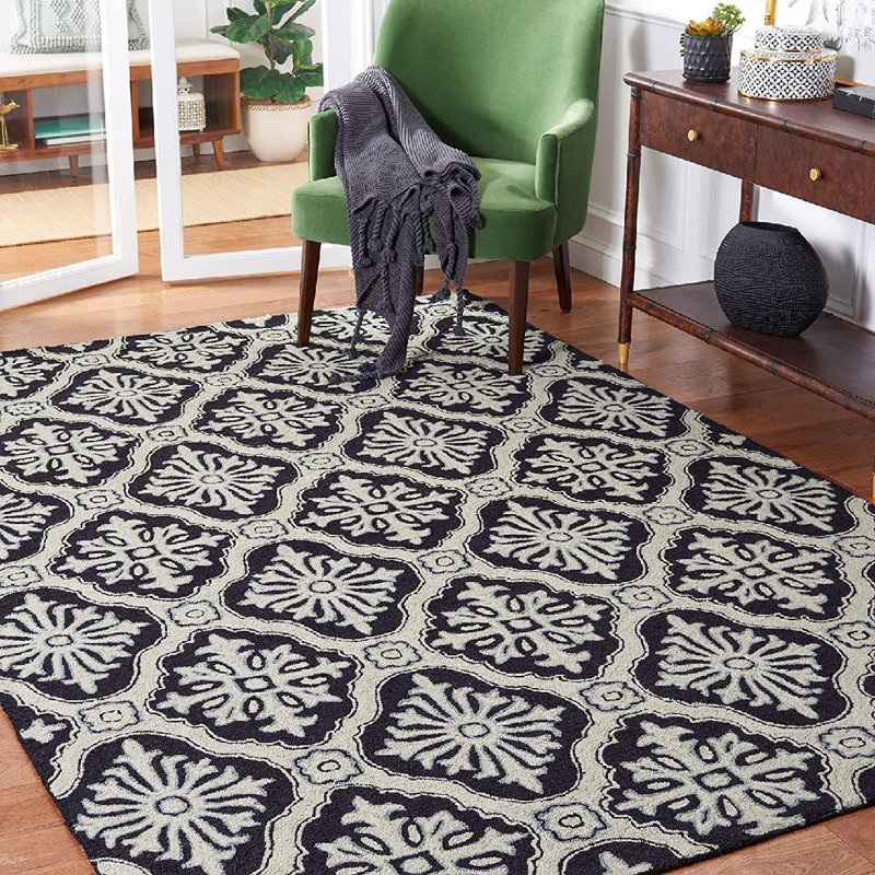 Tapis abstrait en polypropylène noué à la main noir, Rectangle 3 pi x 5 pi