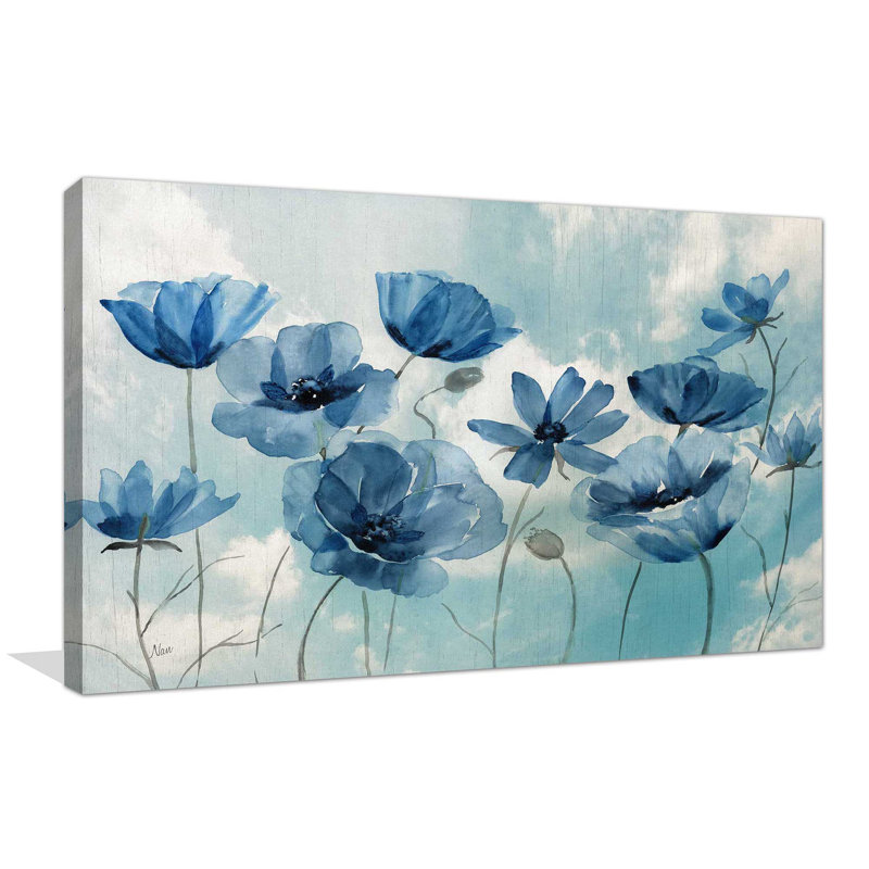 «Springing Up Blue» par - Peinture, Toile tendue, H 36 po x l 60 po x P 1,5 po