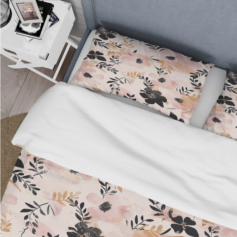 Ensemble de housse de couette rose et noir Boho Floral Meadows III - Boho, Housse de couette très grand + 2 taies décorativ