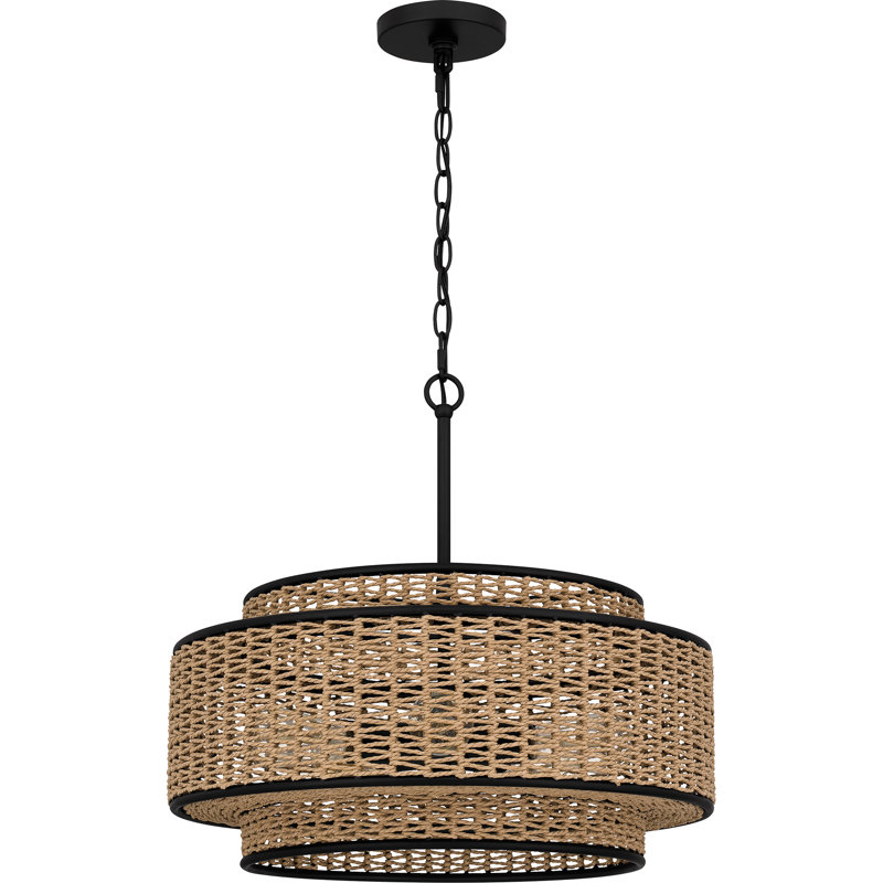 Matte Black Steel and Natural Rope 5-Light Drum Pendant