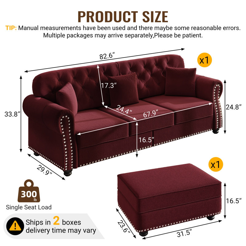 Canapé Chesterfield 82,6 po, Rouge