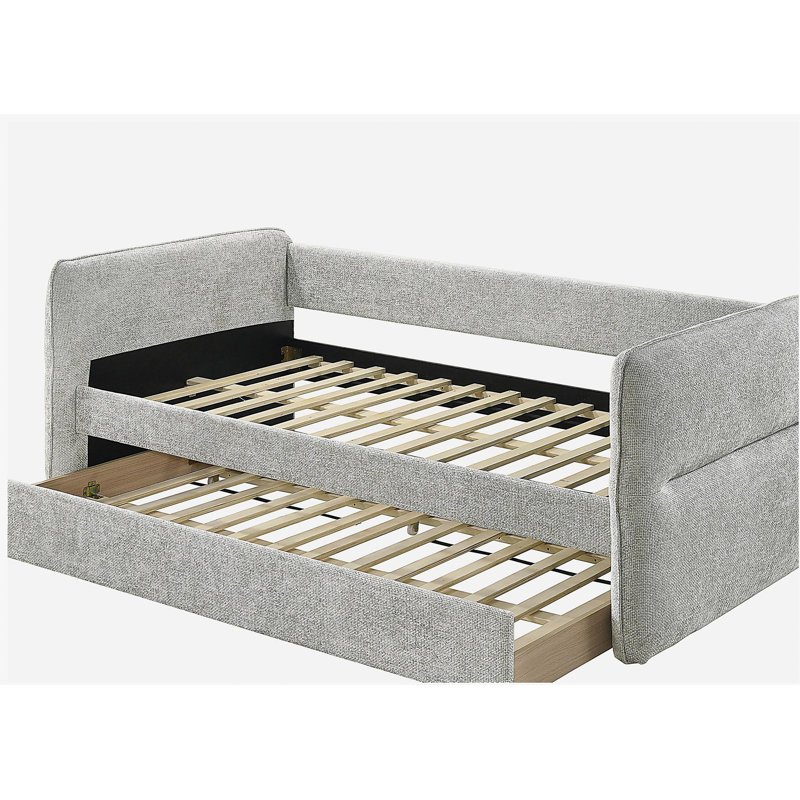Luxueux lit de jour moderne gigogne escamotable capitonné à boutons cloutés avec garniture cloutée et mobilier de salon gris clair