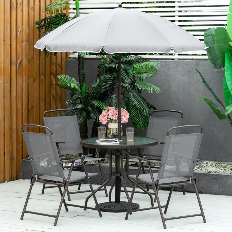 4 Patio Dining In Gray - Umbrella & Chairs. Portable Folding Tempered Glass Table For Deck. 61.6 Lb Outdoor And Chairs 4 Gray. Umbrella, With Mesh Seats. Yard. 42.5" D