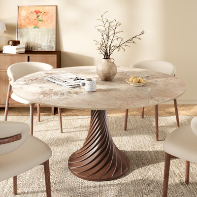 Modern Sintered Stone Round Dining Table For 4-10 With Dark Walnut Solid Wood Pedestal Base - "Happy Line"  Design