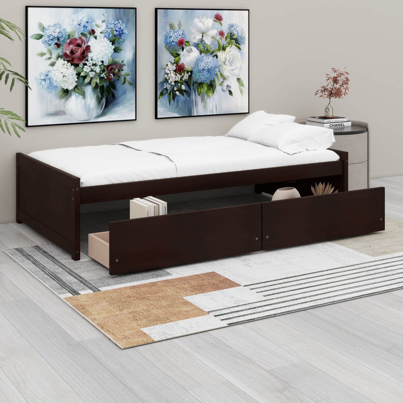 Twin Bed Frame With 2 Storage Drawers, Twin Platform Bed Frame Corner Bed With No Headboard, Espresso