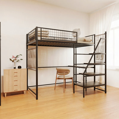 Lit mezzanine en métal noir pour chambre à coucher et dortoir, avec station de charge intégrée et éclairage à DEL