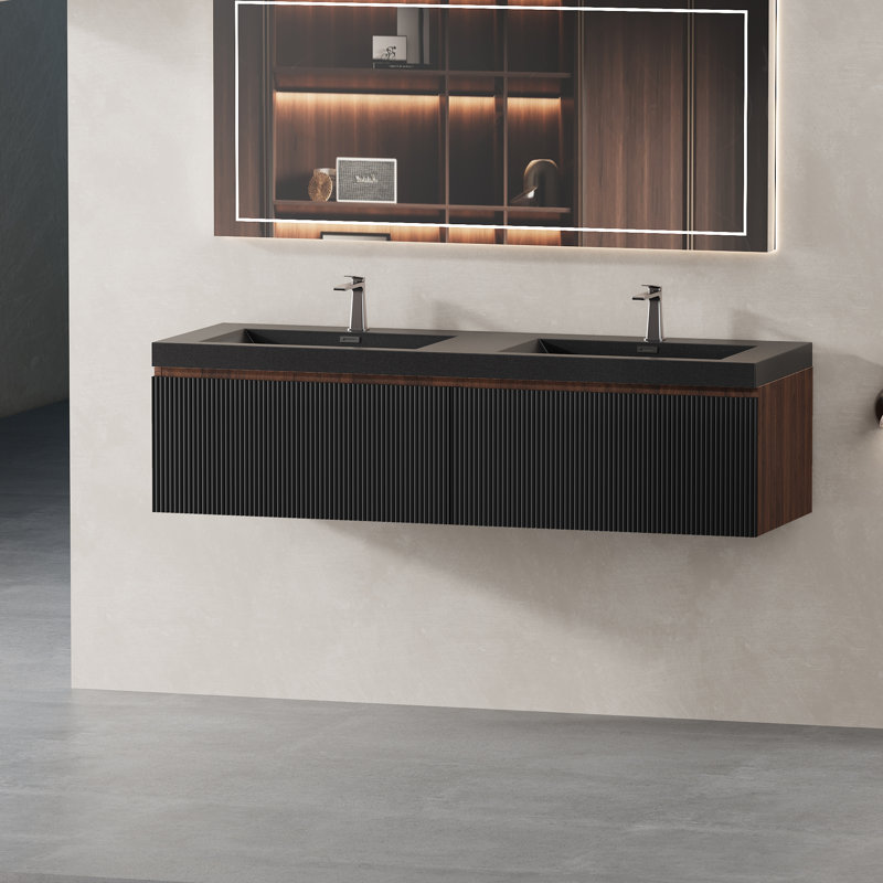 Meuble-lavabo mural 59 po avec double lavabo et tiroirs Royce, Noyer, Noir