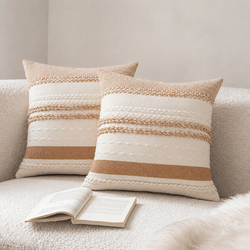 Housses de coussin décoratives texturées de style bohème 18 x 18 pouces, Brun