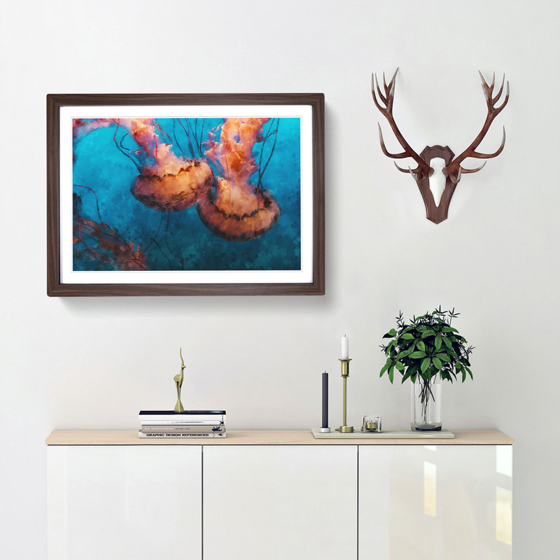 Pink Jellyfish - Picture Frame Painting Print, 24cm H x 33cm W x 2cm D, Walnut Framed