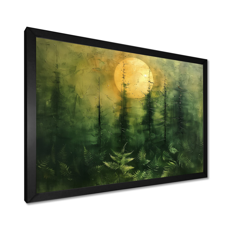 Décoration murale vert forêt jaune pleine lune Fusion I - forêt, Toile encadrée noire simple, H 12 po x l 20 po x P 1 po