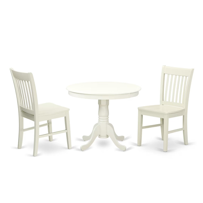 L'ensemble de mobilier de salle à manger 3 pièces comprend une table ronde avec piédestal et 2 chaises en bois, 36 x 36 pouces, blanc lin