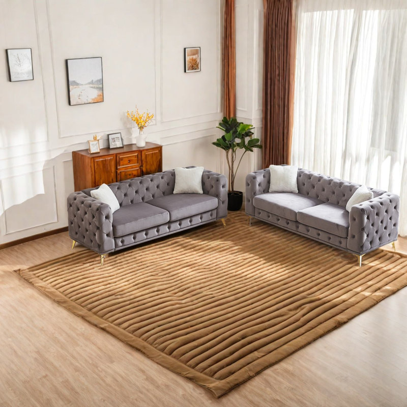 Compression Sofas 3 Plus 3 Set, Grey Velvet Modern Couch For Home