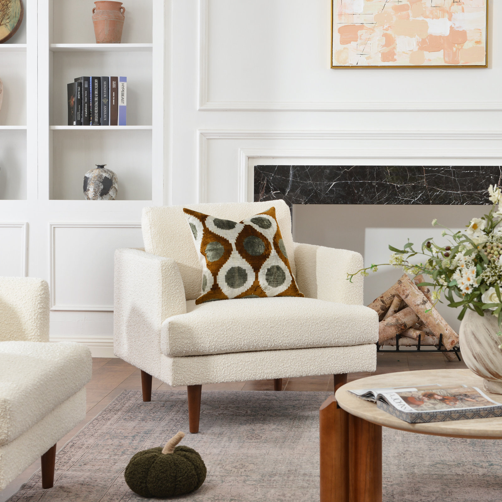 Miller Walnut Armchair, Cream  Boucle