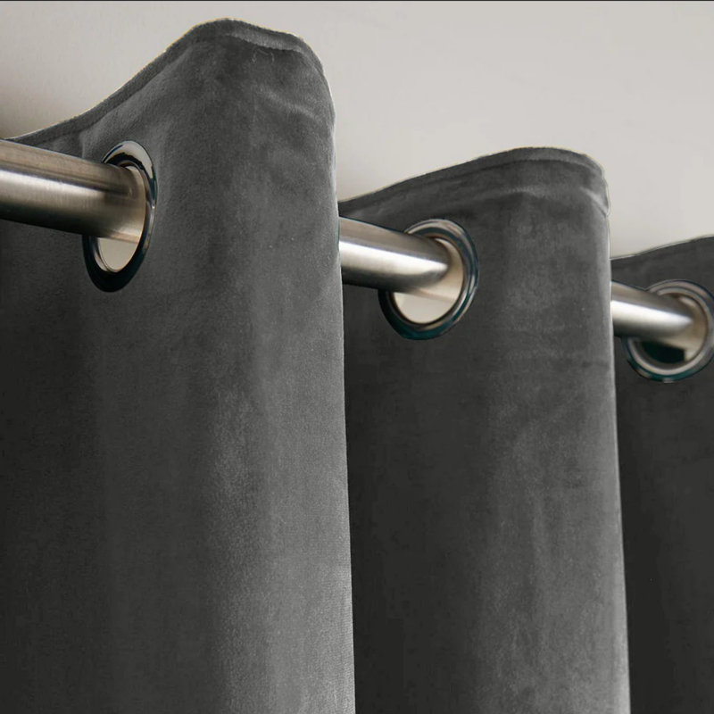 Crushed Velvet Eyelet Ready Made Thermal Drape & Curtain, 168cm Width x 213cm Drop, Grey