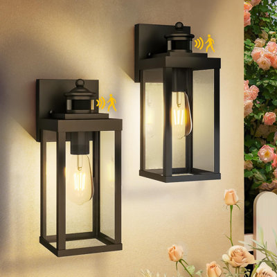 Classic Outdoor Wall Sconce with Motion Sensor, Matte Black Rectangular, Dusk to Dawn with 3 Auto Modes, Waterproof 1-Light Fixture with Clear Glass Shade