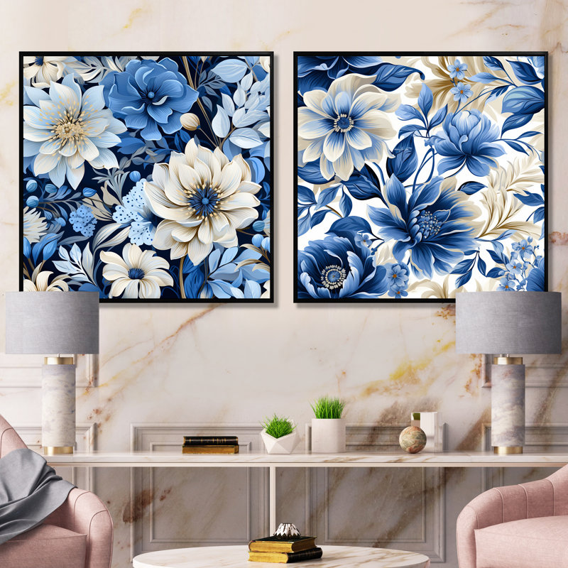 Cloe - ensemble de salon mural floral 2 pièces, Cadre noir, H 36 po x l 73 po x P 1,5 po