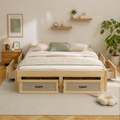 Grand lit plateforme avec 6 tiroirs de rangement, naturel antique