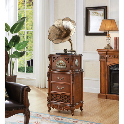Euro-American Vintage Rubberwood Phonograph: Bluetooth Turntable With Drawers