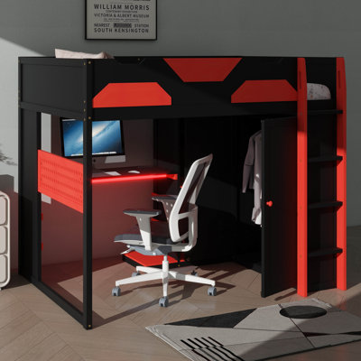 Lit mezzanine double en bois avec bureau, plusieurs tablettes de rangement, port USB et éclairage RVB