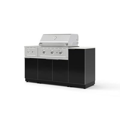 Ensemble d'armoires d'extérieur gris ardoise en aluminium 6 pièces avec 1 porte, 1 gril, 3 brûleurs au gaz propane liquide, 1 brûleur latéral et 1 plateau noir Dekton