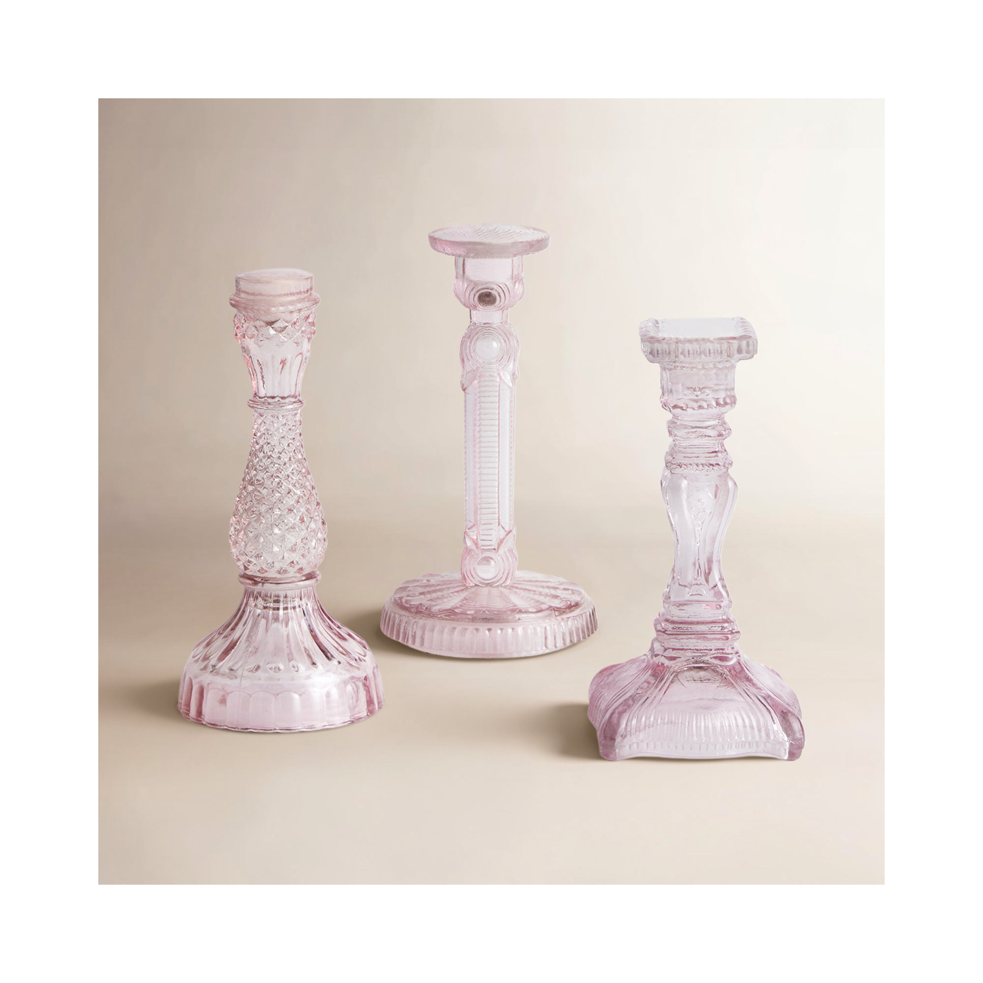Florette Glass Taper Holders, Set of 3, Large, Pink
