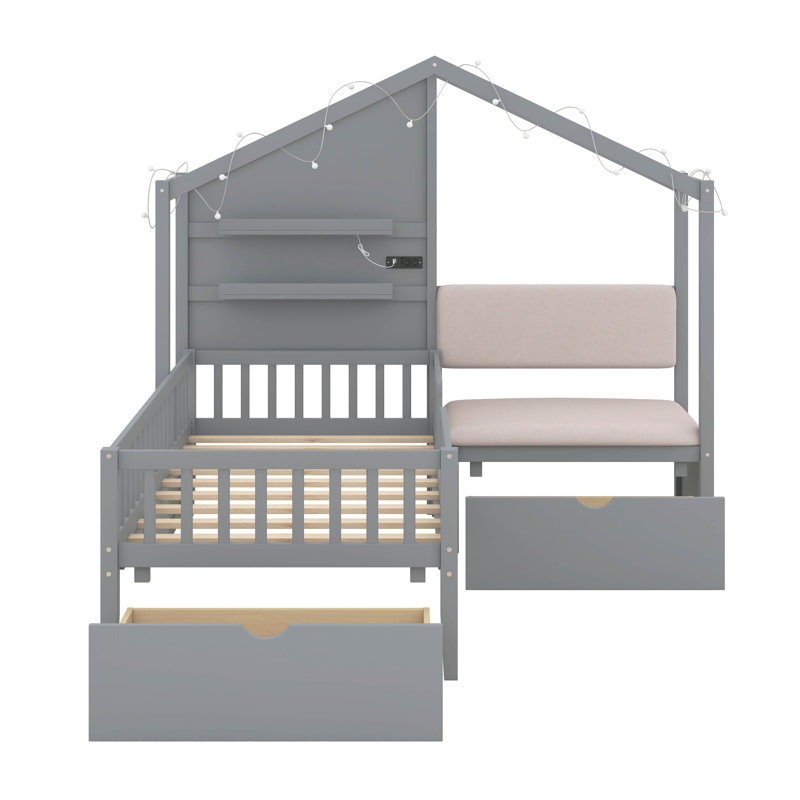 Hildemarie Twin Size House Bed with Upholstered Sofa, Gray