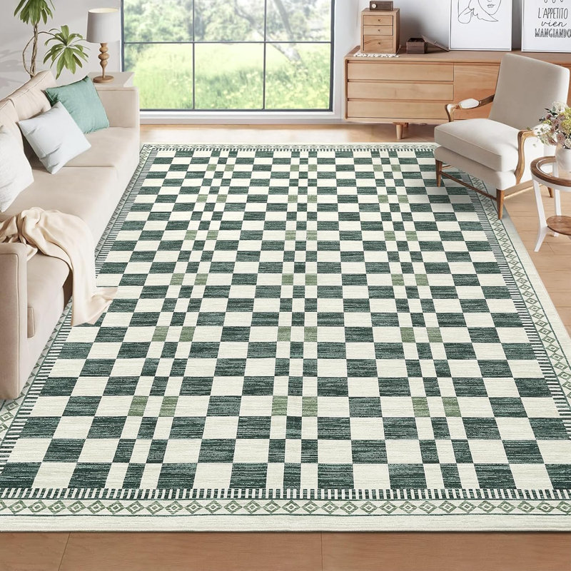 2x6 Washable Runner Rug for Kitchen, Bathroom, Non-Slip, Low Pile, Stain-Resistant, Abstract Checkered Carpet, Entryway, Laundry, Yellow.