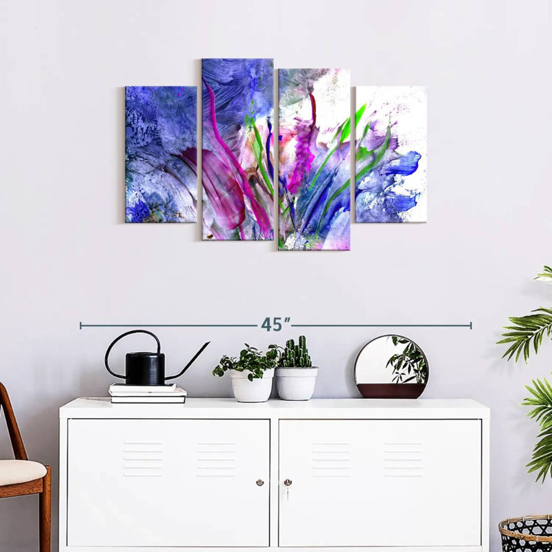 Ensemble de 4 fleurs abstraites sur toile, H 36 po x l 22 po x P 1 po