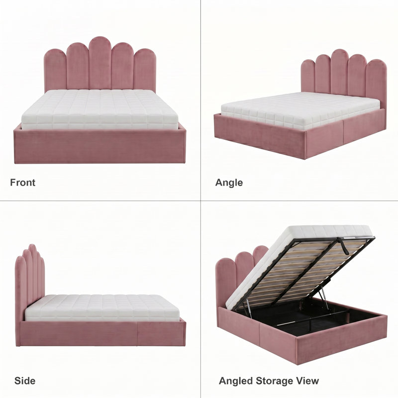 Modern Palm-Shaped Upholstered Bed with Lift Up Storage, Queen, Pink Velvet, Pink, Queen