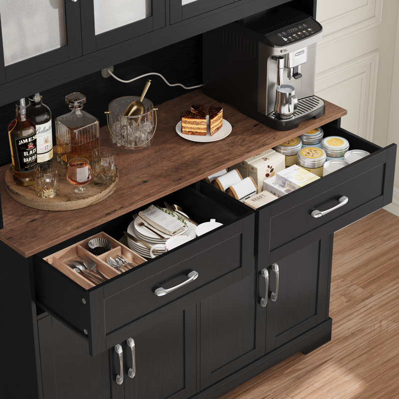Étagère de boulanger standard Annalynne 47,2 po avec tablette pour micro-ondes, étagère de cuisine en bois avec armoire fermée et 2 tiroirs, gris délavé