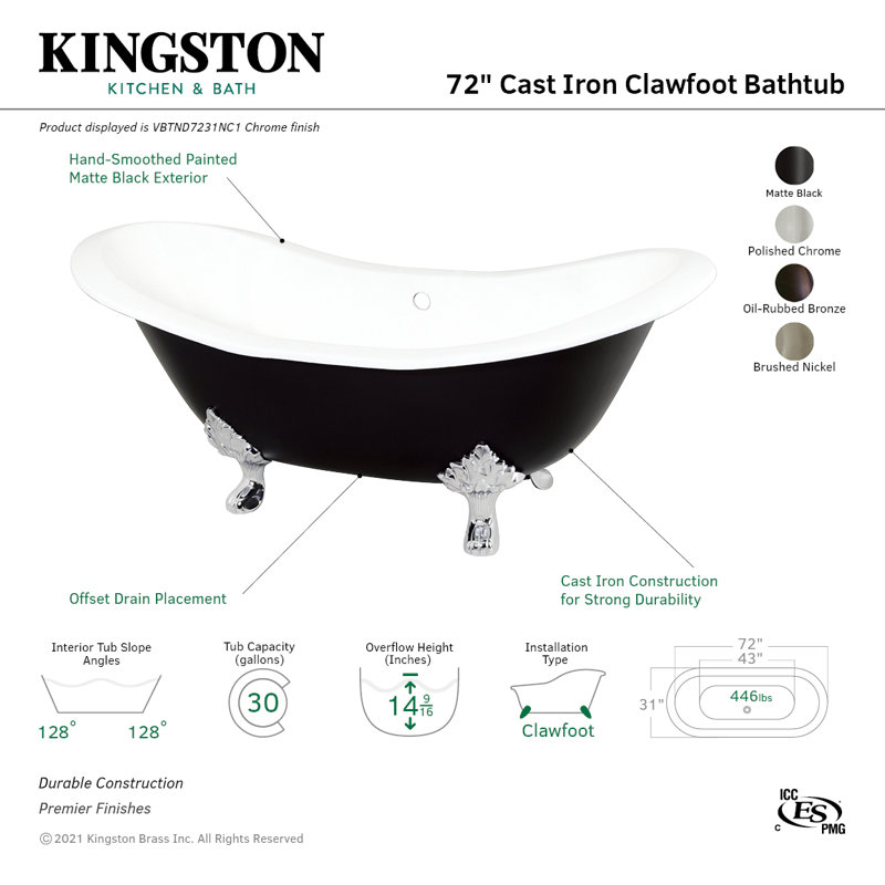 Kingston Brass Aqua Eden 72-Inch Cast Iron Oval Double Slipper Clawfoot Tub (No Faucet Drillings), White/Matte Black
