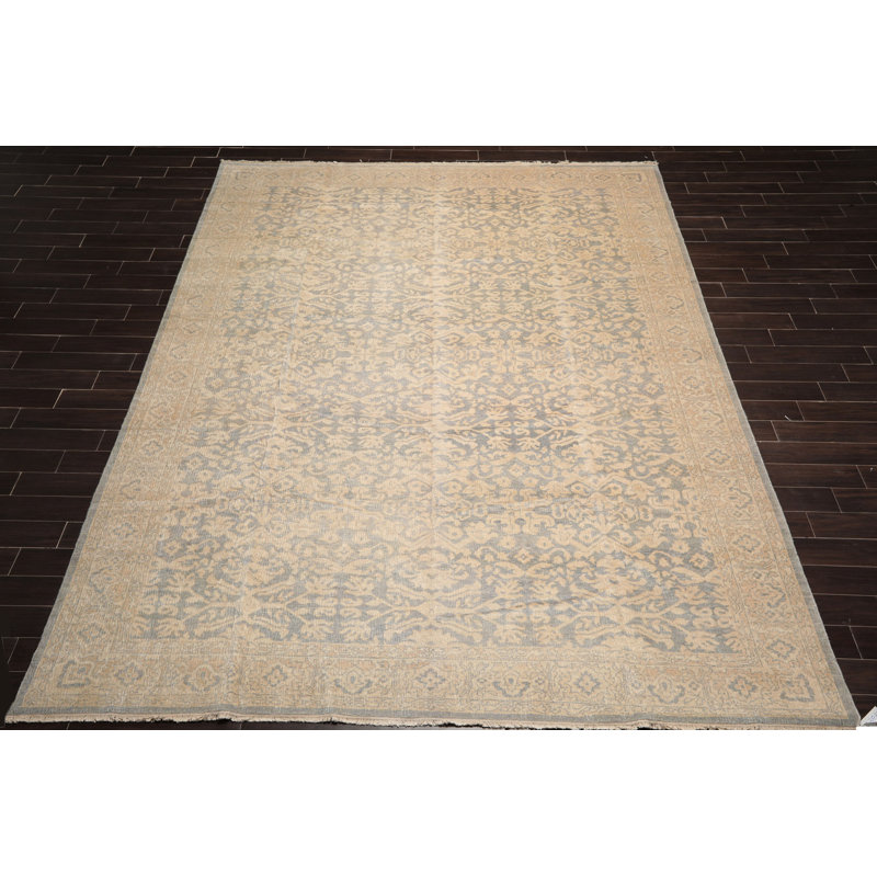 Tapis géométrique beige / bleu en laine noué à la main 10 pi x 14 pi Geometric