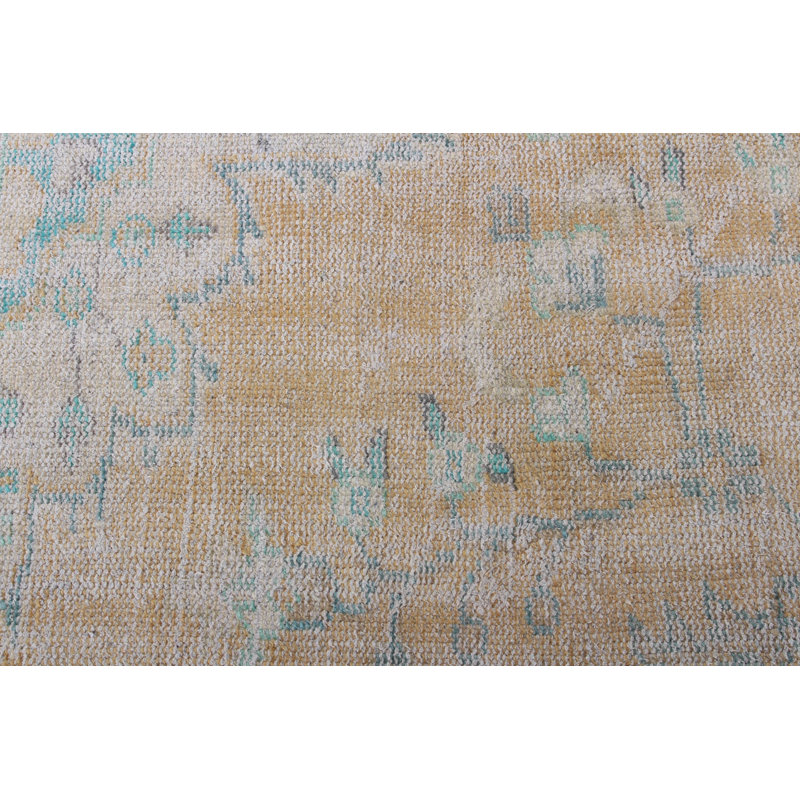 Vintage Yellow Distressed Anatolian Wool Rug For Small Spaces With Traditional Turkish Design
