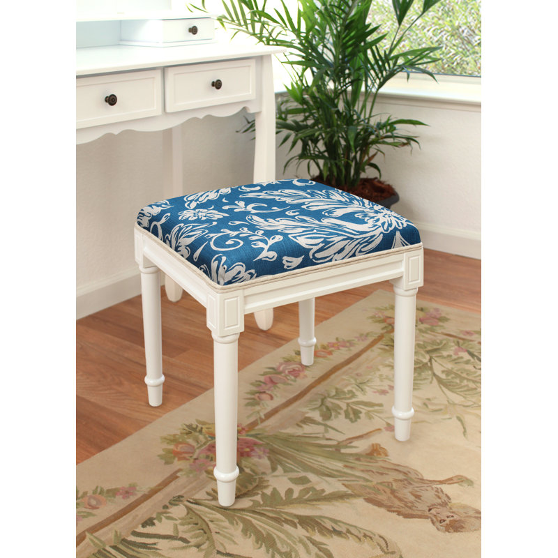 Tabouret de coiffeuse en lin à motif floral turquoise Toscan Aqua, Blanc, Bleu marine