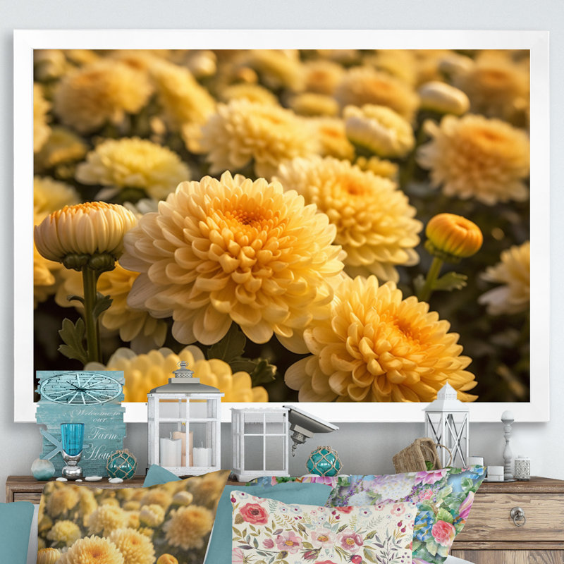 «Yellow Chrysanthemums Field» sur impression sur toile, H 30 po x l 40 po x P 1,5 po, Cadre simple blanc