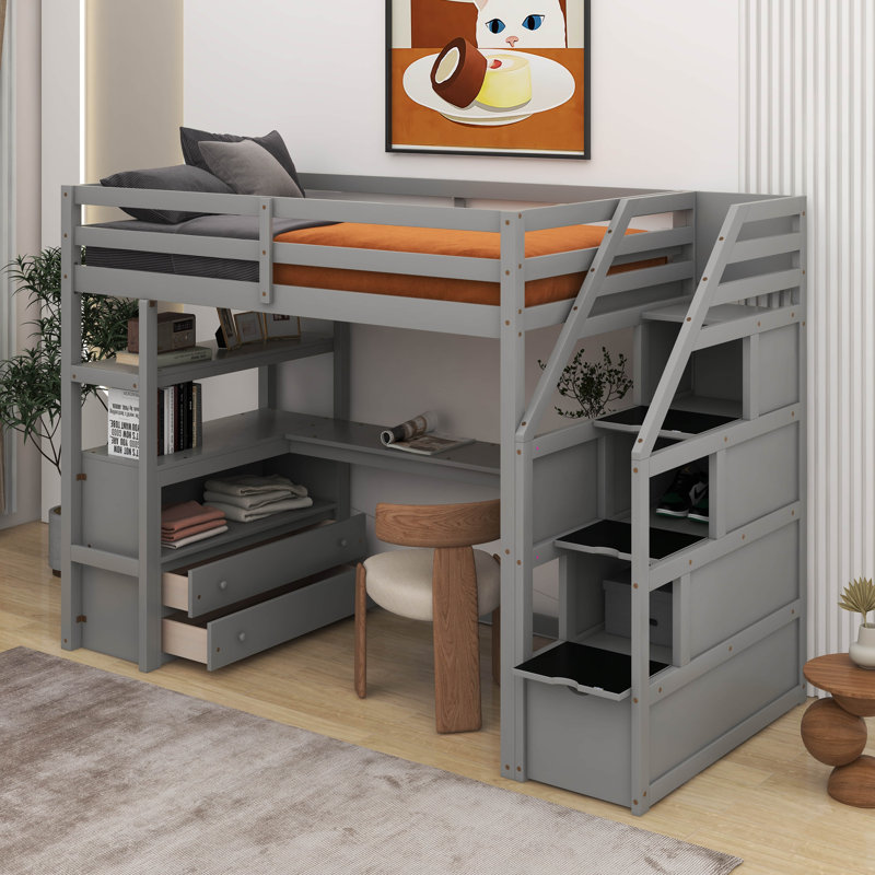 Loft Bed With Desk And Shelves, Gray, Twin