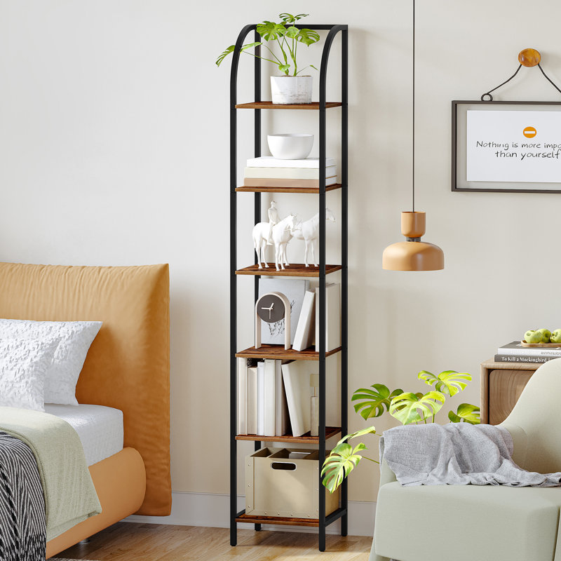 Bibliothèque étroite, support de rangement haut avec structure en acier, étagère de présentation, étagère à livres Skinny pour bureau d'étude, style industriel, brun rustique à 6 niveaux